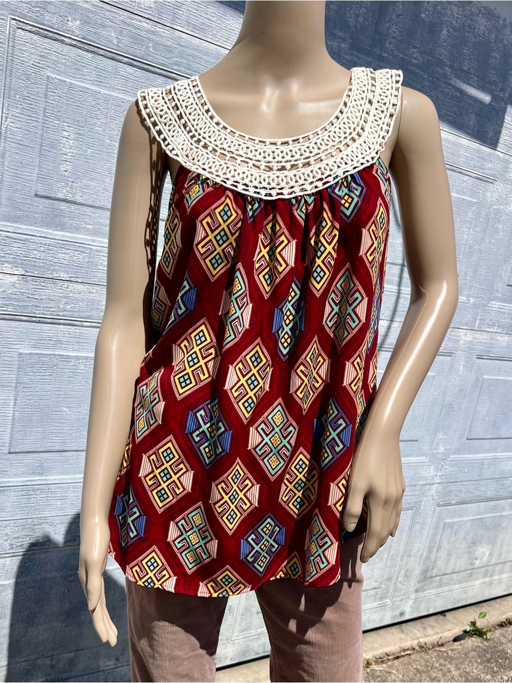 •Retro Crochet Printed Empire Top Sz S! NEW!